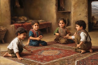 atmospheric oil painting of Kurdish children playing in a room full of kurdish persian rug carpets,  village house built into the mountains of Kurdistan,  renaissance style painting,  best quality,  masterpiece,  highly detailed,  Highly detailed,  intricate stunningly beautiful