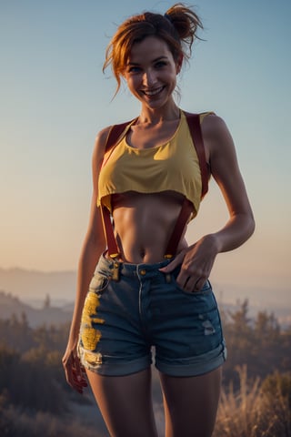 ((masterpiece,best quality)), absurdres, , Misty_Pokemon, small breasts, blue eyes, yellow crop top, suspenders, solo, smiling, looking at viewer, cowboy shot, cinematic composition, dynamic pose,Misty_Pokemon