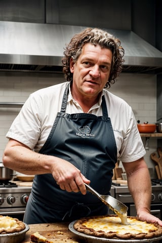 Marco Pierre White cooking a shepherds pie, 8k, hyper realistic, masterpiece, rustic kitchen, steamy, grating cheese onto the top of the pie