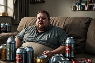 A fat slob of a man sat on a sofa in his living room,( around him are lots of empty beer cans everywhere:1.3), he looks really unkept, soft lighting, table, alcoholic, drunk expression, 8k, hyper realistic, masterpiece, cinematic still, (full body view), detailed background 