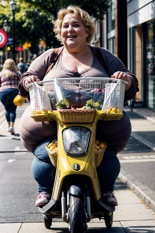 a 8k scene capturing a woman on a (mobility scooter) with a basket full of pies, blonde hair, confidently accessing a shopping mall, vibrant shopping environment, (((fat woman))), ugly, the scooter is struggling under her immense weight of her, hyper realistic, masterpiece, 