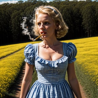 8k scene portraying Dorothy on the iconic yellow brick road in the fantastical world of Oz. Dorothy, with her blue gingham dress and ruby slippers, embarks on her remarkable journey. It's a moment of magical adventure and wonder in the land of Oz. (Yellow brick road), (Close up body shot), (blonde hair), she looks Swedish , (gigantic breasts), smoking a cigarette:1.1, 