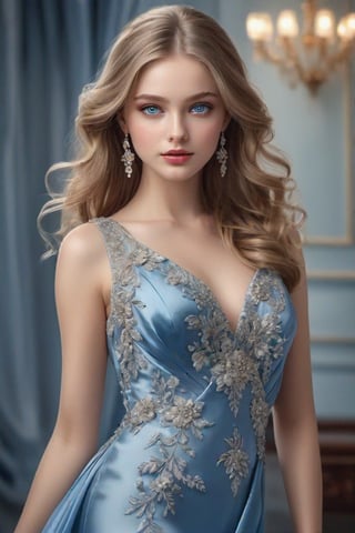 Masterpiece, highly detailed, realistic, A beautiful girl in an elegant silk evening gown, beautiful blue 
eyes.  Full body image,  Beautiful Face, Detailed face, lovely, photorealistic, photograph