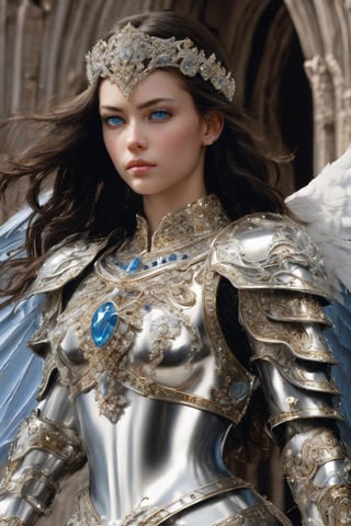 Masterpiece, highly detailed, realistic, A beautiful girl battle angel in polished solid silver armour with barouque engraving with a diamonds and precious stones. She has a broadsword. She has two large white feathered wings and long flowing dark brown hair and an intricate gold tiara with diamonds and jewels and beautiful blue 
eyes.  Beautiful Face, Detailed face, lovely, photorealistic, photograph