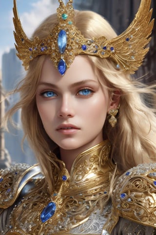 Masterpiece, highly detailed, realistic, A beautiful girl battle angel in polished solid gold armour with barouque engraving with a diamonds and precious stones. She has a broadsword. She has two large white feathered wings and long flowing blonde hair and an intricate gold crown encrusted with diamonds sapphires rubies and emeralds. She has beautiful blue eyes.  Beautiful Face, Detailed face, lovely, photorealistic, photograph