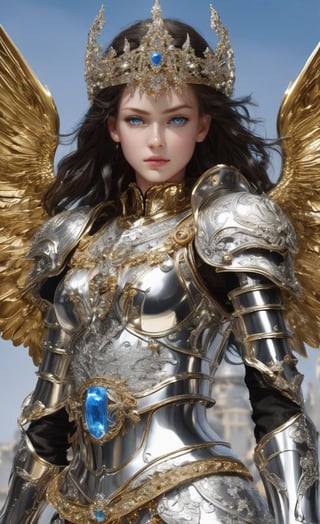 Masterpiece, highly detailed, realistic, A beautiful girl battle angel in polished solid silver and gold armour with barouque engraving with a diamonds and precious stones. She has a broadsword. She has two large white feathered wings and long flowing dark brown hair and an intricate silver and gold crown with diamonds and jewels and beautiful blue 
eyes.  Beautiful Face, Detailed face, lovely, photorealistic, photograph