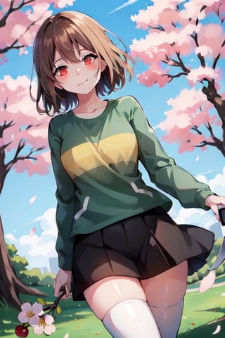Chara, red_eyes ,green open jacket, ((white_tshirt)), black_thighhighs, brown_hair, in a park, cherry blossoms in the background, medium breasts