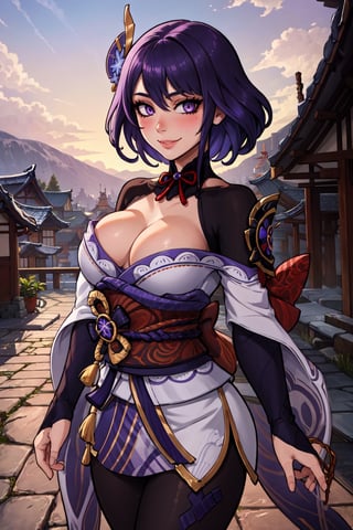 official art, unity 8k wallpaper, ultra detailed, beautiful and aesthetic, High quality, beautiful, masterpiece, best quality, (zentangle, mandala, tangle, entangle:0.6), 1girl, solo, breasts, Raiden Shogun, Genshin Impact, large breasts, bangs, short hair, purple eyes, blush, looking at viewer, in a village, purple hair, smile, genshin impact scene, outdoors, hair between eyes, perfect eyes, detailed eyes, wind swept, glitter,ultra sharp, Shadman,glitter,raidenshogundef
