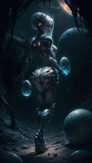 "painting, soft yet detailed, an alien queen in an ethereal biomechanical landscape, surrounded by semi-translucent alien eggs, muted and mysterious color palette, delicate brush strokes depicting her intricate bio-armor and alien features, soft glow emanating from the eggs, sense of alien royalty and mystique, impressionistic yet detailed portrayal, harmonious and otherworldly atmosphere" full body, looking back,cosmiclandscapes