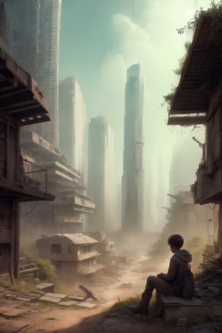 An evocative painting depicting a post-apocalyptic landscape where nature has reclaimed the remnants of human civilization. In the foreground, a child sits amidst the ruins, their small frame juxtaposed against the towering remnants of skyscrapers now overgrown with vines and foliage. The soft hues of dawn illuminate the scene, casting a sense of hope amidst the desolation.