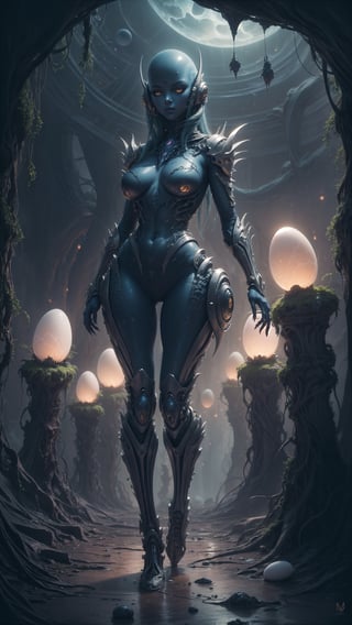 "painting, soft yet detailed, an alien queen in an ethereal biomechanical landscape, surrounded by semi-translucent alien eggs, muted and mysterious color palette, delicate brush strokes depicting her intricate bio-armor and alien features, soft glow emanating from the eggs, sense of alien royalty and mystique, impressionistic yet detailed portrayal, harmonious and otherworldly atmosphere" full body,cosmiclandscapes,alien landscape,More Detail, alien plants, mysterious,retro,