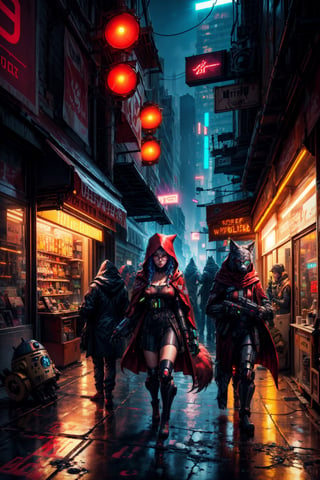 "((Cyberpunk)) rendition, futuristic city skyline, ((Little Red Riding Hood)) with augmented reality glasses, robotic ((Wolf Droid)) sidekick, urban exploration, tech-infused cloak, ((sci-fi)) vibes, ((detailed)) environments, ((neon lights))