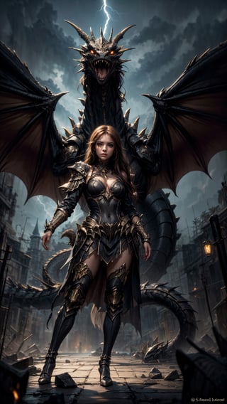 With thunder rumbling in the distance, a warrior maiden faces the darkness head-on, her silhouette illuminated by flashes of lightning that reveal the chains binding a majestic dragon behind her. The scene is a symphony of chaos and courage, where every brushstroke tells a tale of bravery in the face of adversity