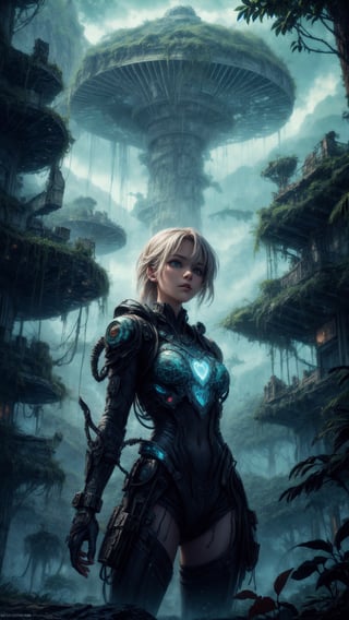 "In the heart of the jungle, amidst the remnants of a bygone era, the Stelar Girl stands amidst the Alien Ruins, her expression a blend of wonder and determination as she contemplates the intersection of Science Fiction and reality, the swirling clouds overhead a symbol of the turbulent journey that lies ahead.",hackedtech,scifi