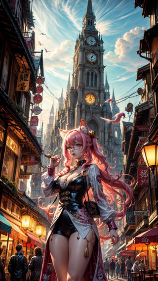A surrealistic anime landscape unfolds: Salvador Dali's iconic melting clocks and distorted objects blend with vibrant anime colors and stylized characters. In a dreamlike setting, a bespectacled anime girl with a wispy mustache and curly hair peers out from behind a warped clock face, surrounded by swirling clouds of golden smoke. The cityscape in the background features buildings shaped like snails and mushrooms, while a giant, flamingo-pink cat watches over the scene, its eyes glowing like lanterns.