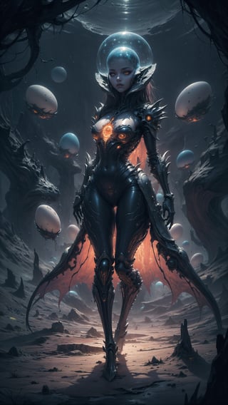 "painting, soft yet detailed, an alien queen in an ethereal biomechanical landscape, surrounded by semi-translucent alien eggs, muted and mysterious color palette, delicate brush strokes depicting her intricate bio-armor and alien features, soft glow emanating from the eggs, sense of alien royalty and mystique, impressionistic yet detailed portrayal, harmonious and otherworldly atmosphere" full body,cosmiclandscapes,alien landscape,More Detail