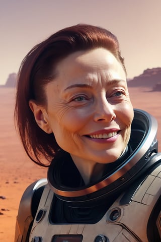 mj, cozy, cinematic, old Elon Musk, 94 years old, mischevious smile, on Mars surface, lots of androids, masterpiece, ,liona,cyberpunk style,liona-xl