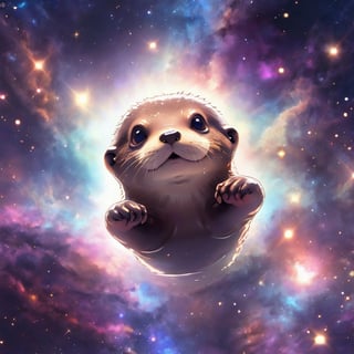 A cute otter swimming in deep space, realistic deep space background, naruto style, colorfull, eye contact, galaxies in background, masterpiece,  extremely best quality,  official art,  cg 8k wallpaper,  (Fantasy Style:1.1),  (artistic atmosphere:1.2), pixiv 10000 users,  highly detailed,  pixiv, incredibly detailed, (best quality)