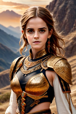 Photo of a beautiful female emma watson wearing intricate warrior's outfit walking sid by side, mountains scene, amber glow, hyperdetailed face, hyperdetailed eyes, fantastical, UHD, gold and broze elements, 50mm digital photograph , sharp focus on face, colorful rendition