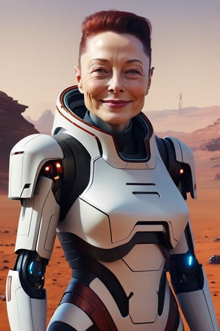 mj, cozy, cinematic, old Elon Musk, 94 years old, mischevious smile, on Mars surface, lots of androids, masterpiece, ,liona,cyberpunk style,liona-xl
