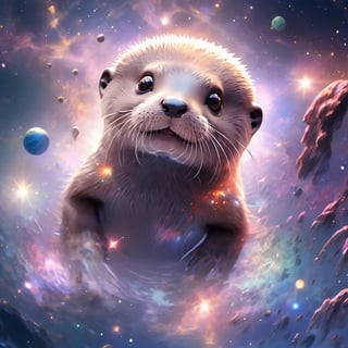 A cute otter swimming in deep space, realistic deep space background, naruto style, colorfull, eye contact, galaxies in background, masterpiece,  extremely best quality,  official art,  cg 8k wallpaper,  (Fantasy Style:1.1),  (artistic atmosphere:1.2), pixiv 10000 users,  highly detailed,  pixiv, incredibly detailed, (best quality)