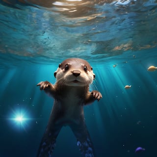 A cute otter swimming in deep space, realistic deep space background, naruto style, colorfull, eye contact, galaxies in background, masterpiece,  extremely best quality,  official art,  cg 8k wallpaper,  (Fantasy Style:1.1),  (artistic atmosphere:1.2), pixiv 10000 users,  highly detailed,  pixiv, incredibly detailed, (best quality)