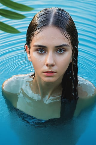 girl, water, a lonely wolf, liona-xl out of water, the girl consists of water. Very wet face,  water on face, wet hair by water, water splash, water dripping, detailed portrait, tree from which the foliage is flying around, there is a beautiful liona-xl standing next to it in such a very light transparent weave, fabulousness from above details, perfect composition, super detail, high detail, cinematic composition, post-apocalyptic, atompunk, face in the center, hyper realism, by Lenkaizm, detailed drawing, sharp focus, water reflection, aerial view,  vivid color.,