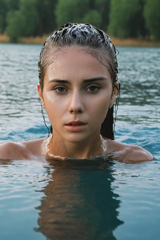 girl, water, a lonely wolf, liona-xl out of water, the girl consists of water. Very wet face,  water on face, wet hair by water, water splash, water dripping, detailed portrait, tree from which the foliage is flying around, there is a beautiful liona-xl standing next to it in such a very light transparent weave, fabulousness from above details, perfect composition, super detail, high detail, cinematic composition, post-apocalyptic, atompunk, face in the center, hyper realism, by Lenkaizm, detailed drawing, sharp focus, water reflection, aerial view,  vivid color.,