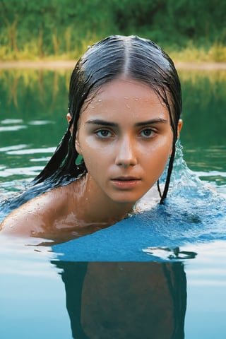 girl, water, a lonely wolf, liona-xl out of water, the girl consists of water. Very wet face,  water on face, wet hair by water, water splash, water dripping, detailed portrait, tree from which the foliage is flying around, there is a beautiful liona-xl standing next to it in such a very light transparent weave, fabulousness from above details, perfect composition, super detail, high detail, cinematic composition, post-apocalyptic, atompunk, face in the center, hyper realism, by Lenkaizm, detailed drawing, sharp focus, water reflection, aerial view,  vivid color.,