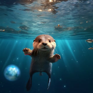 A cute otter swimming in deep space, realistic deep space background, naruto style, colorfull, eye contact, galaxies in background, masterpiece,  extremely best quality,  official art,  cg 8k wallpaper,  (Fantasy Style:1.1),  (artistic atmosphere:1.2), pixiv 10000 users,  highly detailed,  pixiv, incredibly detailed, (best quality)