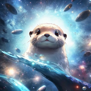 A cute otter swimming in deep space, realistic deep space background, naruto style, colorfull, eye contact, galaxies in background, masterpiece,  extremely best quality,  official art,  cg 8k wallpaper,  (Fantasy Style:1.1),  (artistic atmosphere:1.2), pixiv 10000 users,  highly detailed,  pixiv, incredibly detailed, (best quality)