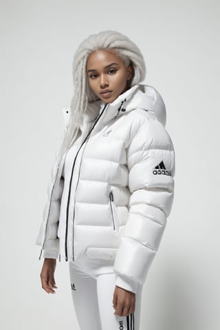 beautifull afro 26 y. o WOMAN, model, white hair in milky adidas winter puffer jacket, design trend, design by kanye west, on a white background, octane, 4K, intricate and detailed texture,