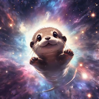 A cute otter swimming in deep space, realistic deep space background, naruto style, colorfull, eye contact, galaxies in background, masterpiece,  extremely best quality,  official art,  cg 8k wallpaper,  (Fantasy Style:1.1),  (artistic atmosphere:1.2), pixiv 10000 users,  highly detailed,  pixiv, incredibly detailed, (best quality)