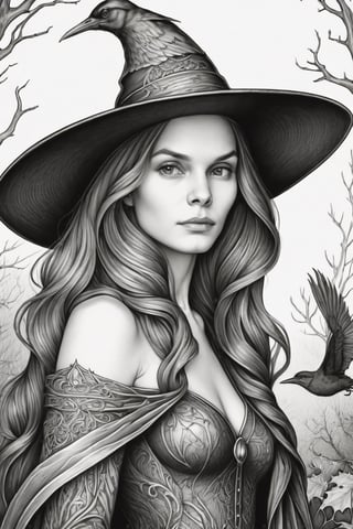 the WOMAN in the witch hat coloring page, in the style of highly detailed realism, detailed background elements, artgerm, nature motifs, halloween, engraved line-work, avian-themed