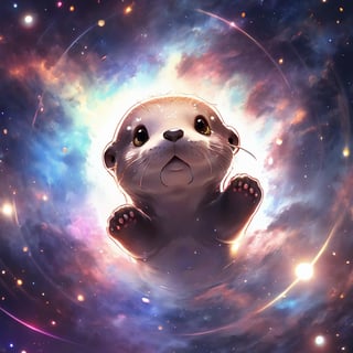 A cute otter swimming in deep space, realistic deep space background, naruto style, colorfull, eye contact, galaxies in background, masterpiece,  extremely best quality,  official art,  cg 8k wallpaper,  (Fantasy Style:1.1),  (artistic atmosphere:1.2), pixiv 10000 users,  highly detailed,  pixiv, incredibly detailed, (best quality)