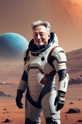 mj, cozy, cinematic, very old Elon Musk, 99 years old, male extremely wrinkled, white sparse hair,  mischevious smile, on Mars surface, space suit, masterpiece, cyberpunk style