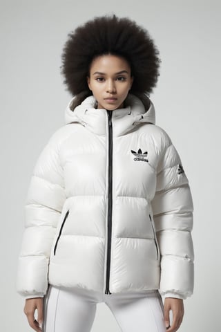 beautifull afro 26 y. o WOMAN, model, white hair in milky adidas winter puffer jacket, design trend, design by kanye west, on a white background, octane, 4K, intricate and detailed texture,