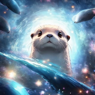 A cute otter swimming in deep space, realistic deep space background, naruto style, colorfull, eye contact, galaxies in background, masterpiece,  extremely best quality,  official art,  cg 8k wallpaper,  (Fantasy Style:1.1),  (artistic atmosphere:1.2), pixiv 10000 users,  highly detailed,  pixiv, incredibly detailed, (best quality)