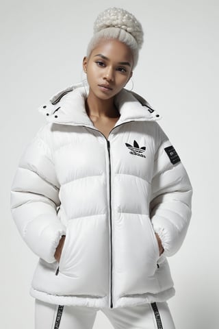 beautifull afro 26 y. o WOMAN, model, white hair in milky adidas winter puffer jacket, design trend, design by kanye west, on a white background, octane, 4K, intricate and detailed texture,