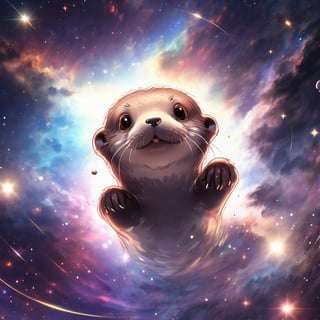 A cute otter swimming in deep space, realistic deep space background, naruto style, colorfull, eye contact, galaxies in background, masterpiece,  extremely best quality,  official art,  cg 8k wallpaper,  (Fantasy Style:1.1),  (artistic atmosphere:1.2), pixiv 10000 users,  highly detailed,  pixiv, incredibly detailed, (best quality)