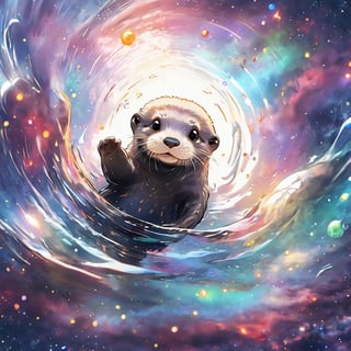 A cute otter swimming in deep space, realistic deep space background, naruto style, colorfull, eye contact, galaxies in background, masterpiece,  extremely best quality,  official art,  cg 8k wallpaper,  (Fantasy Style:1.1),  (artistic atmosphere:1.2), pixiv 10000 users,  highly detailed,  pixiv, incredibly detailed, (best quality)