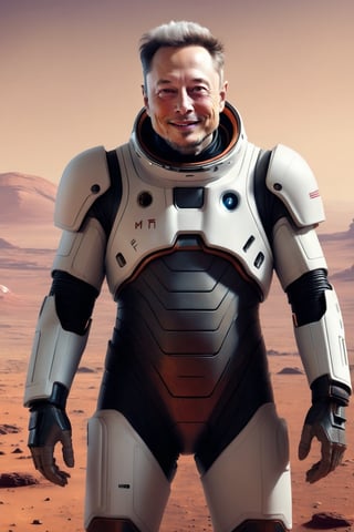mj, cozy, cinematic, very old Elon Musk, 94 years old, male, white sparse hair,  mischevious smile, on Mars surface, space suit, masterpiece, cyberpunk style