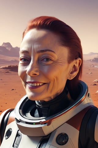 mj, cozy, cinematic, old Elon Musk, 94 years old, mischevious smile, on Mars surface, lots of androids, masterpiece, ,liona,cyberpunk style,liona-xl