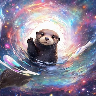 A cute otter swimming in deep space, realistic deep space background, naruto style, colorfull, eye contact, galaxies in background, masterpiece,  extremely best quality,  official art,  cg 8k wallpaper,  (Fantasy Style:1.1),  (artistic atmosphere:1.2), pixiv 10000 users,  highly detailed,  pixiv, incredibly detailed, (best quality)