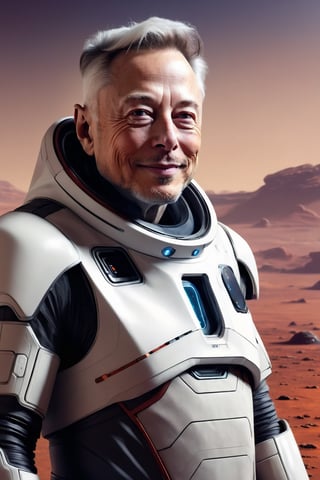 mj, cozy, cinematic, very old Elon Musk, 94 years old, male, white sparse hair,  mischevious smile, on Mars surface, space suit, masterpiece, cyberpunk style