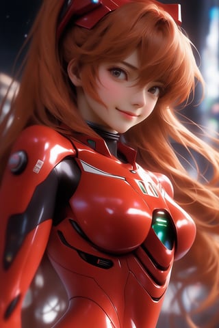 Close - up real - Live - action adaptation of a 3d character of Asuka Langley Soryu in plugsuit, NeonGenesis Evangelion cool expression, ((accentuated breast, large pelvic, wide hip, midriff, narrow waist, nice ass, curvy waist:1.2)), ((slim, skinny waist:1.4)), beautiful smiles, ((long_hair)), seductress, tempting, smug face, ((wide hips))masterpiece,  depth of field, (detailed face:1.2), (detailed eyes:1.2), (detailed background), (gradients), colorful, detailed landscape, visual key, shiny skin.