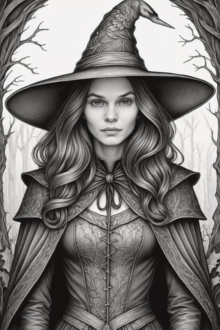 the WOMAN in the witch hat coloring page, in the style of highly detailed realism, detailed background elements, artgerm, nature motifs, halloween, engraved line-work, avian-themed