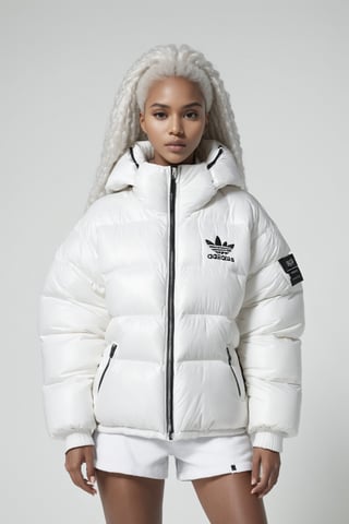 beautifull afro 26 y. o WOMAN, model, white hair in milky adidas winter puffer jacket, design trend, design by kanye west, on a white background, octane, 4K, intricate and detailed texture,