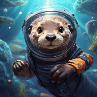 A cute otter swimming in deep space, realistic deep space background, naruto style, colorfull, eye contact, galaxies in background, masterpiece,  extremely best quality,  official art,  cg 8k wallpaper,  (Fantasy Style:1.1),  (artistic atmosphere:1.2), pixiv 10000 users,  highly detailed,  pixiv, incredibly detailed, (best quality)