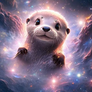 A cute otter swimming in deep space, realistic deep space background, naruto style, colorfull, eye contact, galaxies in background, masterpiece,  extremely best quality,  official art,  cg 8k wallpaper,  (Fantasy Style:1.1),  (artistic atmosphere:1.2), pixiv 10000 users,  highly detailed,  pixiv, incredibly detailed, (best quality)